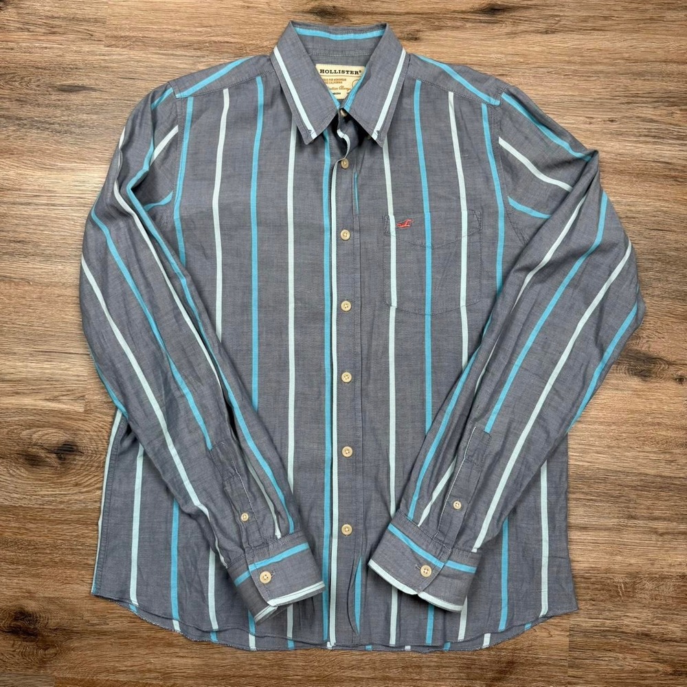 vintage 2000s grey blue striped hollister long sleeve button up shirt